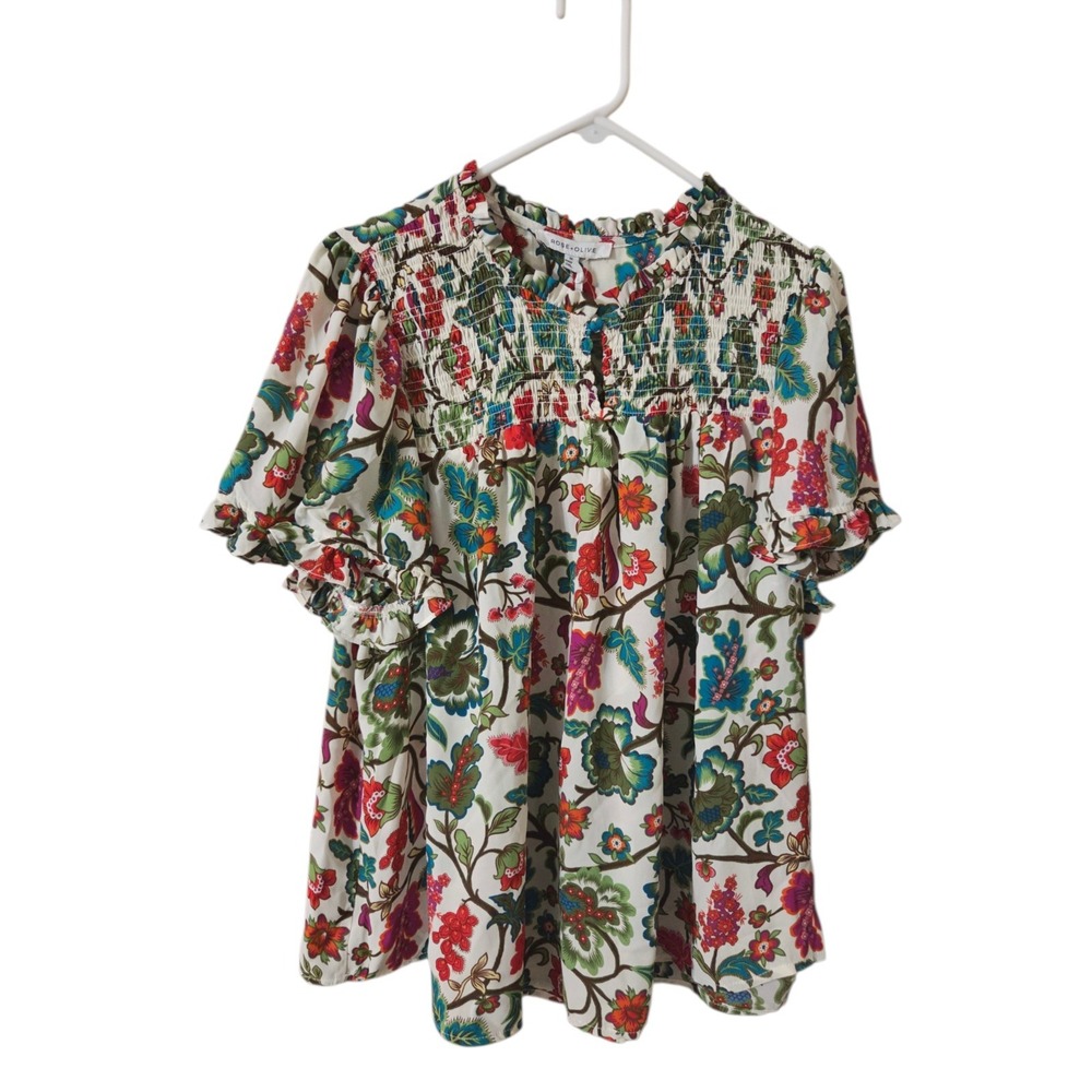 Rose Olive Vibrant Floral Multicolor Blouse Ruffle Sleeve SS 1X NWT